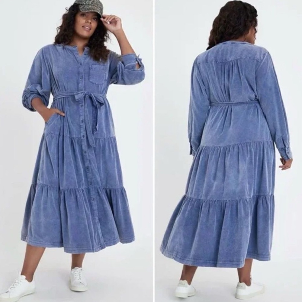 Anthropologie Pilcro Marta 100% Cotton Tie Tiered Corduroy Midi Dress Blue Small